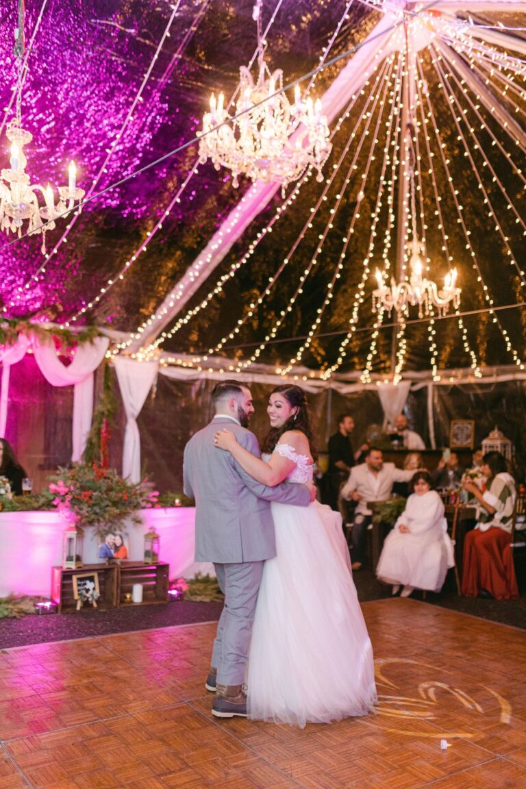 Clear tent both top and sides fairy lighting with chandeliers house lights from DJ or can use cannon lights 768x1152